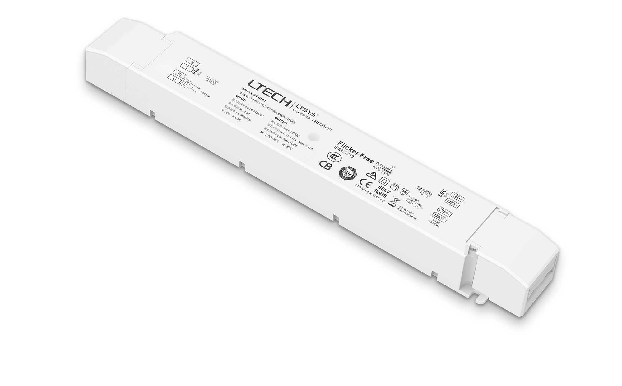 LM-100-24-G1A2  0-10V/1-10V/10V PWM/RX/Push DIM, 0-100% Dim, CV 100W, 24Vdc 4.17A, 200-240Vac, IP20, 5yrs Warranty.